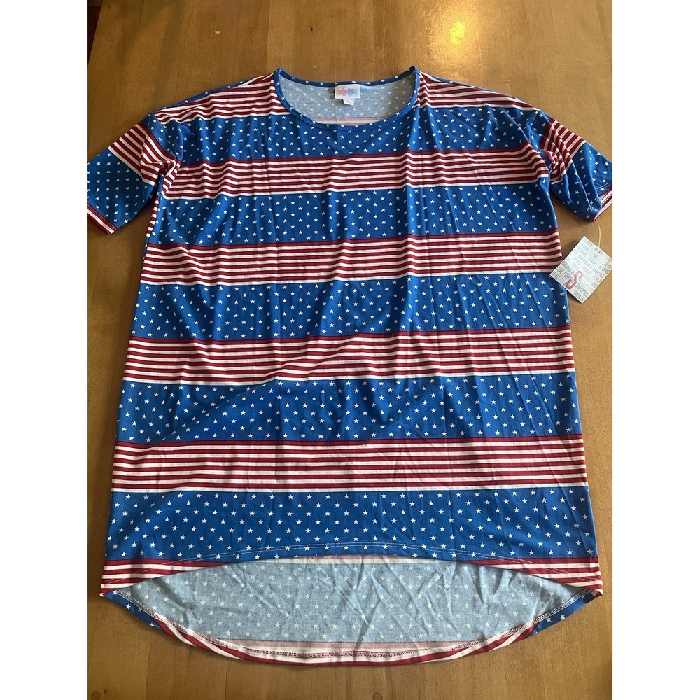 NWT Lularoe Irma Hi Low Women's Sz S Small Red White Blue Patriotic Shirt Flag